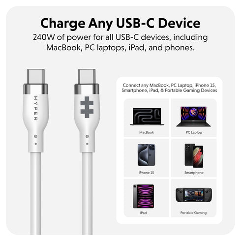 HyperJuice 240W Silicone USB C to USB C Cable (3ft/1m) for All Devices. Durable 240W USB-C Charge Cable. Portable, Tangle-Free Design, Over-Temper...