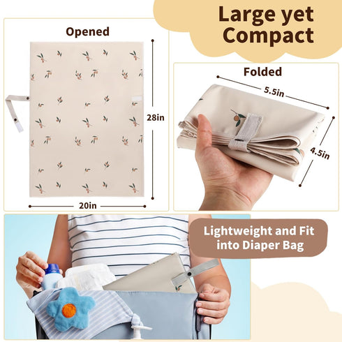 Vegan Leather Portable Changing Pad - Waterproof Compact Baby Changing Mat - Foldable Travel Diaper Changing Pad, Newborns (Olive Branch with Stra...