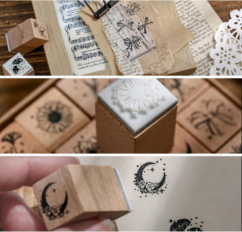 Plant Wooden Rubber Stamps Set - 16 PCS Small Vintage Flower Moon Bowtie Stamps Kit for Scrapbook,DIY Craft Card,Painting,Photo Album (Plant Rubbe...