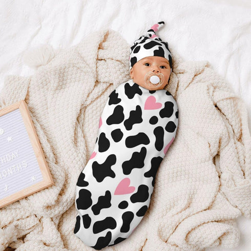 Cow Print Baby Stuff Pink Baby Newborn Swaddling Blanket with Beanie Hat Set, Baby Stuff Newborn Receiving Blanket for Baby Boy Girl Swaddles Wrap...