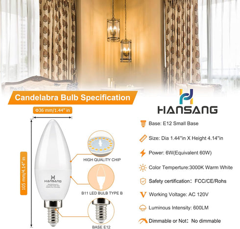 hansang 8 Pack E12 LED Candelabra Bulbs 3000K Warm White, B11 Ceiling Fan Light Bulbs Small Base, 6W 60Watt Equivalent, C37 Type B Light Bulb for ...