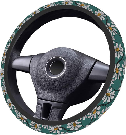 Hippie Flower Daisy Steering Wheel Cover for Women Men Anti-Slip Breathable and Sweat Absorption Universal 15 Inch Cute Steering Wheel Protector D...