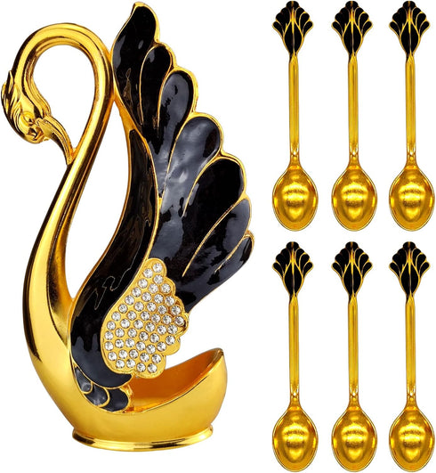 Swan Base Holder with 6pcs Coffee Dessert Dinner Spoon Set, Metal Coffee Spoon Organizer Teaspoon Fruit Dessert Flatware Sugar Ice Cream Spoons (G...