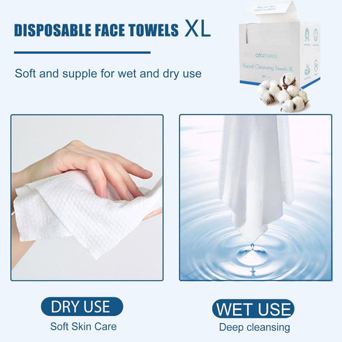 ataraxia Disposable Face Towels XL, Cotton Clean Towel for Face Travel Pack of 50, 10x12'' Extra Thick Soft Facial Cleansing Towelettes Wipes for ...