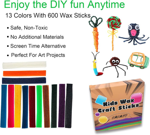 500 Piece Wax Craft Sticks for Kids - 13 Colors, Non-Toxic Wax String, Kid Bendable Sticky Sticks for Art Supplies, Crafts, DIY School Project...