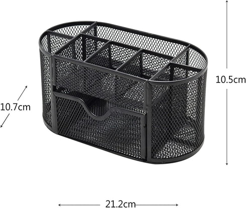 Silver Mesh Pen Holder and Organizer Office Supplies with 9 Compartments, Desktop Organizer with Drawer, Metal Pen Holder for Desk, ?9.25" x 4.53"...