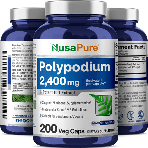 NusaPure Polypodium Leucotomos Extract 2400mg 200 Veggie Capsules (Vegetarian, Non-GMO, Vegan)...