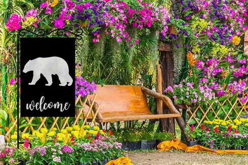 AOYEGO Bear Welcome Garden Yard Flag 12.5"x 18" Double Sided Polyester Black Background Bear House Flag Banners for Patio Lawn Outdoor Home Decor...