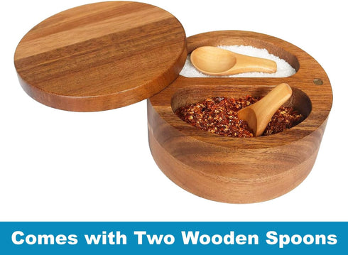 Multi-Use Spice Box, Acacia Wood Salt and Pepper Cellar with Magnetic Swivel Lid and Mini Spoons, 2-Compartment Container, Kitchen decor, 4.76"...
