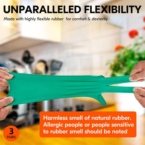 Vgo... 3-Pairs Reusable Household Gloves, Rubber Dishwashing gloves, Extra Thickness, Long Sleeves, Kitchen Cleaning, Working, Painting, Gardening...
