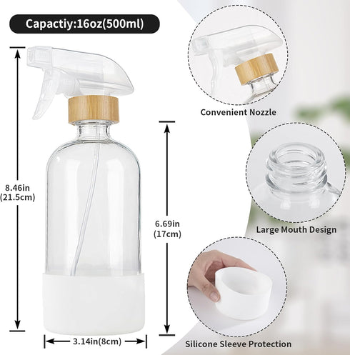 HOMBYS Empty Bamboo Glass Spray Bottles with Silicone Sleeve Protection - Refillable 17 oz Clear Glass Containers for Cleaning Solutions, Essentia...