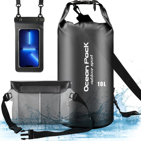 Set of 3 Waterproof Dry Bag - 10L Lightweight Dry Sack with Waterproof Waist Pouch & Phone Case, Dry Storage Bag Backpack for Kayaking, Beach, Sur...