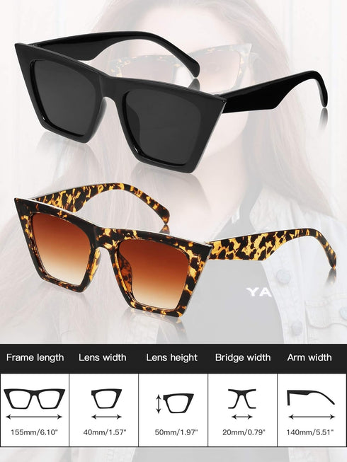 2 Pair Vintage Square Cat Eye Sunglasses Women Retro Trendy Cateye Sunglasses...