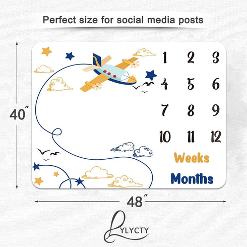 Baby Memory Blanket, Airplane Sky Pilot Baby Age Blanket Monthly Baby Blanket Milestone Blanket Swaddle Blanket, 48x40 Inch Baby Growth Chart Phot...