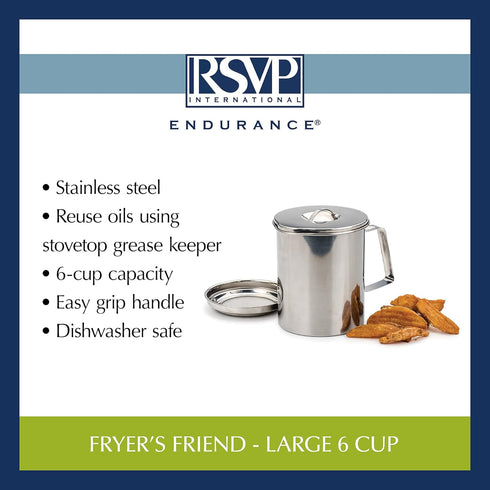 RSVPInternational Endurance Stainless Steel Fryer's Friend Pot Can, 6 Cup | For Cooking Oil, Fats, Olive Oils, Coconut Oil & More | Includes Mesh ...