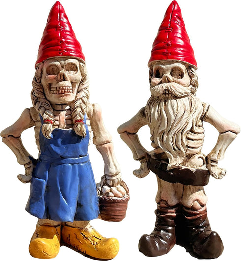 2PCS Male and Female Halloween Skeleton Gnome Couple Garden Statue Zombie Gnome Sculptures Resin Dwarf Figurines for Indoor Home Ornaments Outdoor...