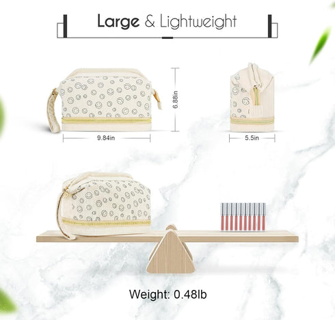 Travel Makeup Bag, Large Double Layer Make Up Cosmetic Bag for Women, Wide-open Pouch Organizer Bag for Girls, Roomy Makeup Travel Bags (Beige)...