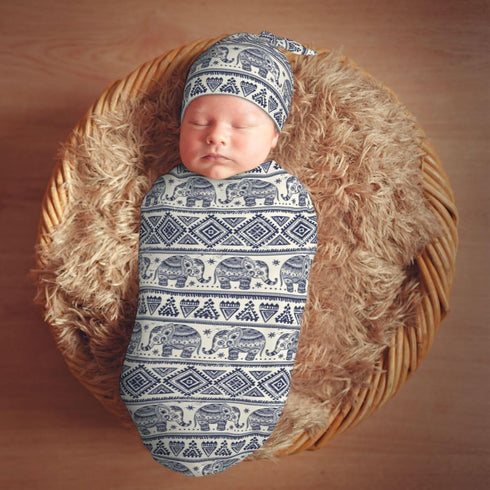 Vintage Elephant Newborn Swaddle Blankets Hat Sets Soft Baby Receiving Blanket Swaddle Sack for Baby Shower Infant Boy Girl Gift...