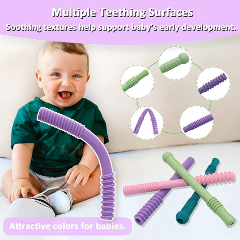 Teether Tubes for Babies 6 12 18 Months, 4 Pack Hollow Straw Toddler Teether Toys for molars, Silicone Chew Tube for Sensory Kids with Chewing or ...