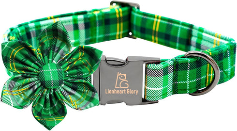 Lionheart glory St. Patrick's Day Dog Collar with Flower Dog Collar for Medium Dogs, Green Plaid Collars Spring Dog Collar Flower Pet Collar Bows ...