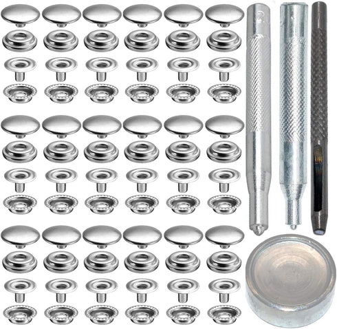 72pcs 15MM Stainless Steel Fastener Snap Press Stud Button for Marine Boat Canvas with Punching Set Tool Kit Silver (4 Components, 18pcs for Each)...