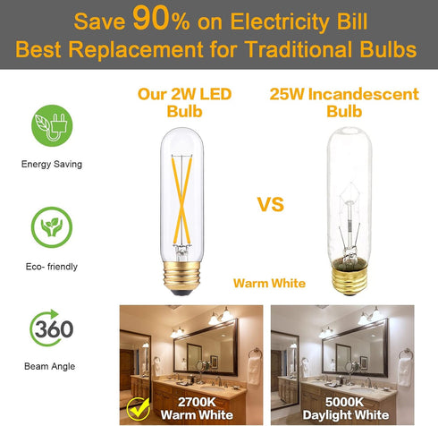 T10 Led Bulbs, 2W Dimmable Tubular Led Bulb,25 Watt Equivalent Edison Style Vintage LED Filament Light Bulb, E26 Long Tube Lamp, 2700K Woft Warm W...