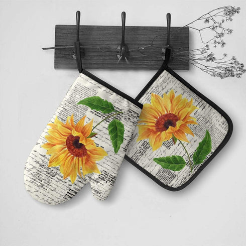 Watercolor Sunflowers Oven Mitts and Pot Holders Sets Heat Resistant Oven Gloves with Non-Slip Surface for Safe BBQ Cooking Baking Grilling Set of...