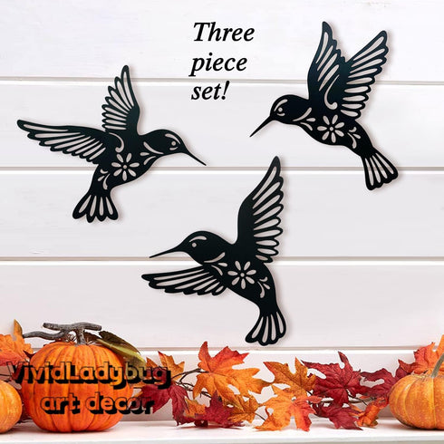 VividLadybug Metal hummingbird wall art decor, 9inch set of 3 black Concise Decoration Hanging for living room bedroom bathroom Kitchen Patio Balc...