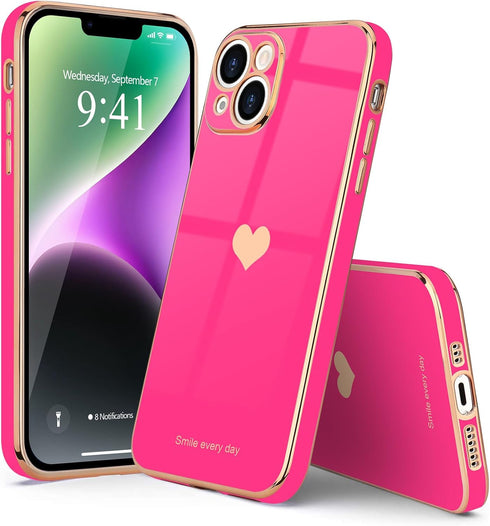Teageo for iPhone 14 Plus Case for Women Girl Cute Love Heart Luxury Plating Soft Bling Back Cover Raised Full Camera Protection Bumper Silicone S...