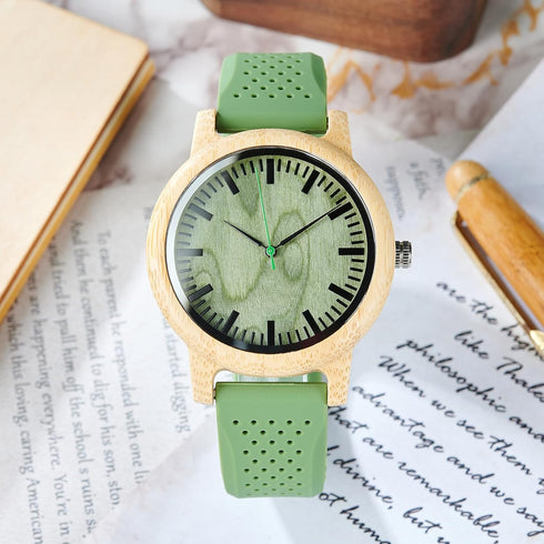 BOBO BIRD Mens Womens 44mm Big Neutral Bamboo Wooden Watch Unisex Japan Analog Quartz Green Silicone Strap Sports Casual Watches with Wood Box...
