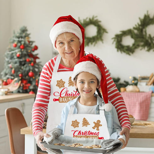 2 Pack Christmas Matching Aprons for Kids and Adults - Christmas Baking Crew - White Kitchen Aprons with 2 Pockets for Cooking Baking, Cute Custom...