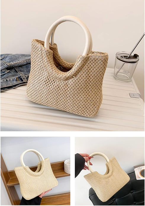 Tote Bag for Women, Straw Beach Bag, Round Leather Handbag, Bohemian Hand-Woven, Summer Bag Suitable for Beach, Travel, Daily Matching (White)...