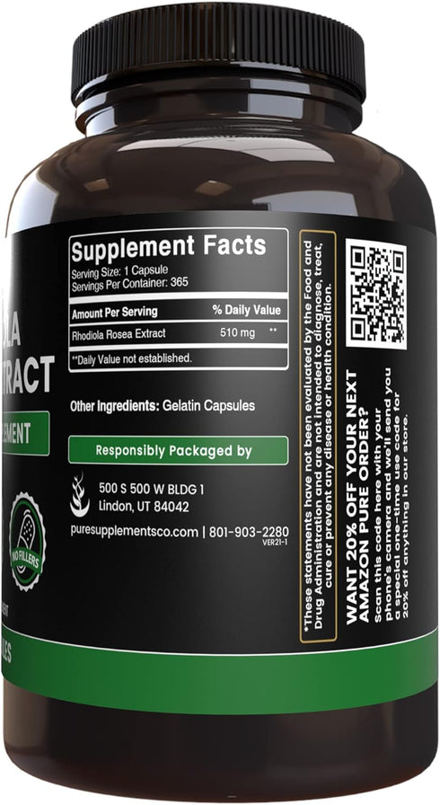Pure Original Ingredients Rhodiola Rosea (365 Capsules) No Magnesium Or Rice Fillers, Always Pure, Lab Verified...