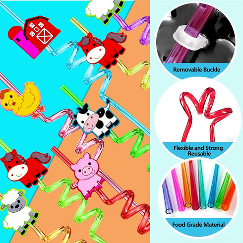 24PCS Farm Animal Drinking Straws Reusable for Kids Farm Theme Birthday Party Favors Supplies Decorations with 2 PCS Cleaning Brushes (Farm Animal...