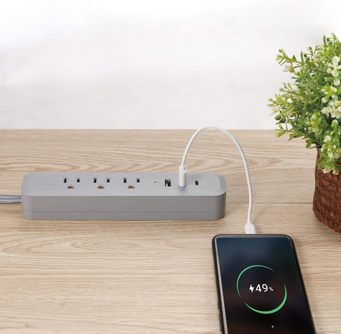 Globe Electric Designer Series 6-ft 3-Outlet USB Surge Protector Power Strip, 2x USB-A Ports, 1x USB-C Port, Right Angle Plug, Gray, 78551...