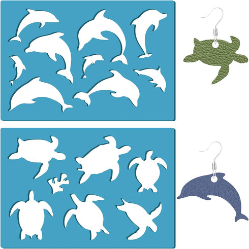 GORGECRAFT 2 Styles Sea Animal Turtles Stencil Dolphin Earrings Making Template Reusable Ocean Coral Jewelry Shape Templates Leather Acrylic Cutti...