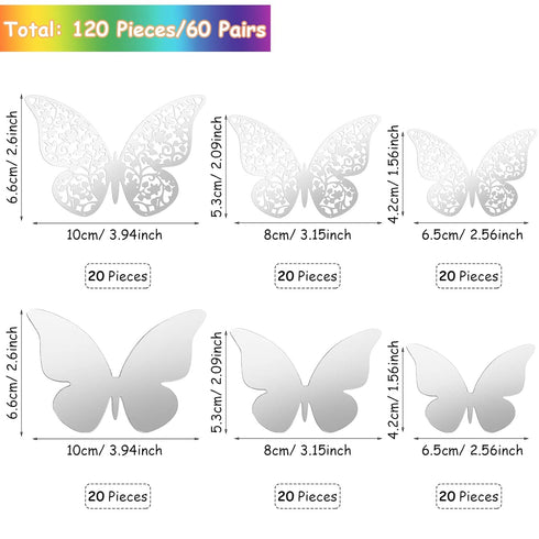 Outus 120 Pieces Sequined Silver 3D Layered Butterfly Wall Decor Removable Butterfly Stickers Hollow Mural Decals for Birthday Cake Decorations Cr...