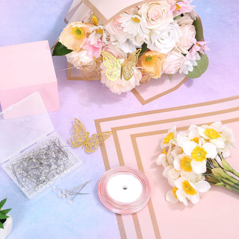 ROADPLUM 20 Sheets Flower Wrapping Paper, Pink Floral Wrapping Paper Bouquet Kit with 100 Pcs Diamond Bouquet Pins 60 Pcs 3D Gold Butterflies 1Rol...