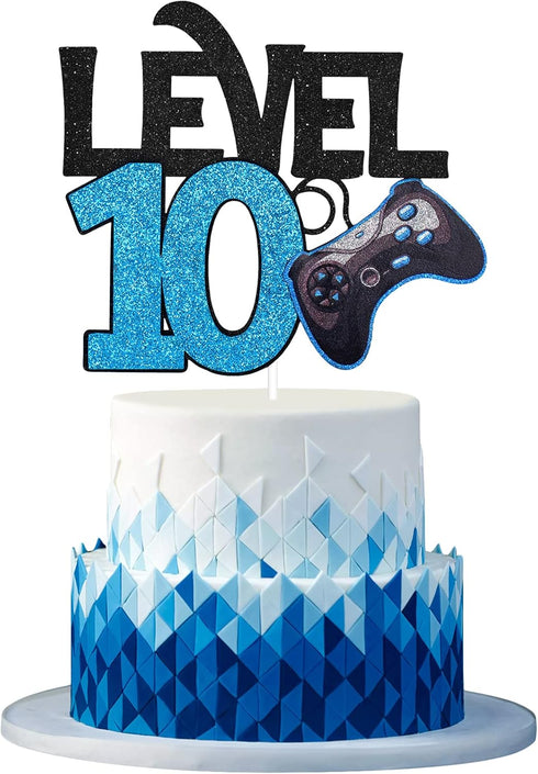 Level 10 Game Birthday Cake Topper - Video Game Boy's 10th Birthday Level Up Party Blue Cake Supplies - Game On Winner Gaming Party Decoration...