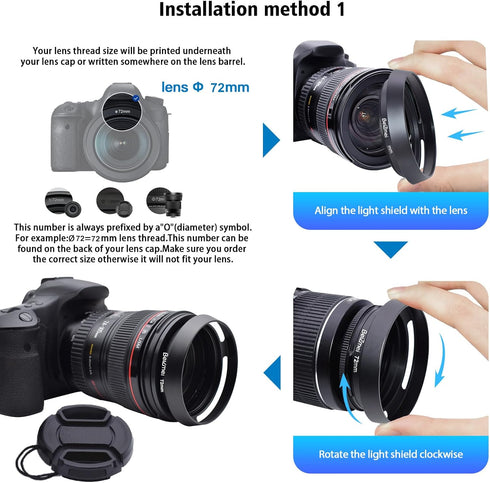 72mm Lens Hood,72mm Metal Camera Lens Hood Compatiable All Brands Ø Lenses with 72mm Filter Thread+72mm lens cap...