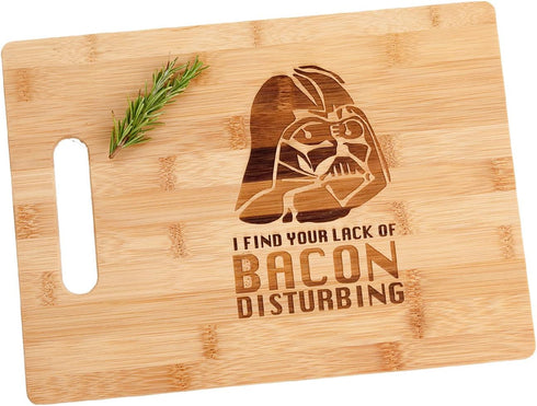 Darth Vader I Find Your Lack Of Bacon Disturbing Engraved Bamboo Wood Cutting Board with Handle Charcuterie Cheese Star Wars Gift 8.5 x 11"...