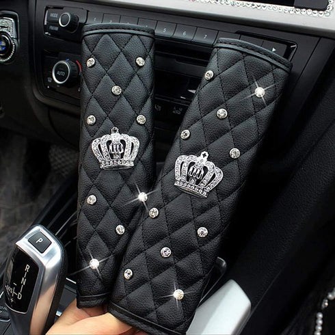 Queen Seat Safety Belt Pads - Leather Crystal Handbrake Cover - Bling Tiara Gear Crown Shift Stick Protector, for Girls Women or Ladies(4Pcs)...