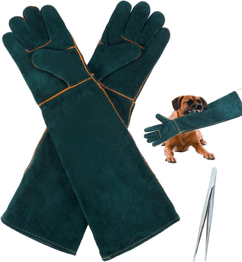 1 Pair Animal Handling Gloves Bite Proof,Leather Welding Gloves,24.4in Reinforced Leather Gloves with 2 Tweezers for Dog Training,Cat,Falcon,Repti...