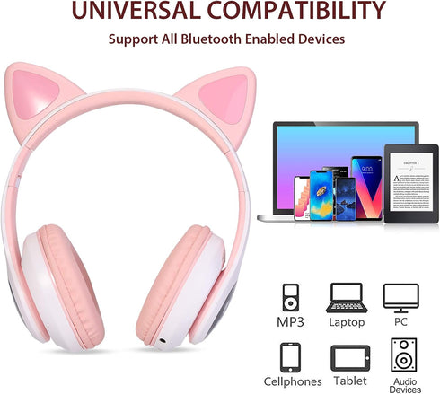 Kids Wireless Headphones Cat Ear LED Light Up Bluetooth Foldable Headphones Over Ear w/Microphone for Online Distant Learning (Pink)......