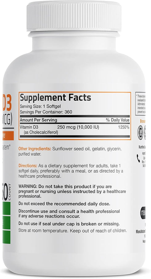Bronson Vitamin D3 10,000 IU (250 mcg) High Potency - Supports Healthy Immune System, Strong Bones, Muscles & Teeth - Non GMO, 360 Softgels (1 Yea...