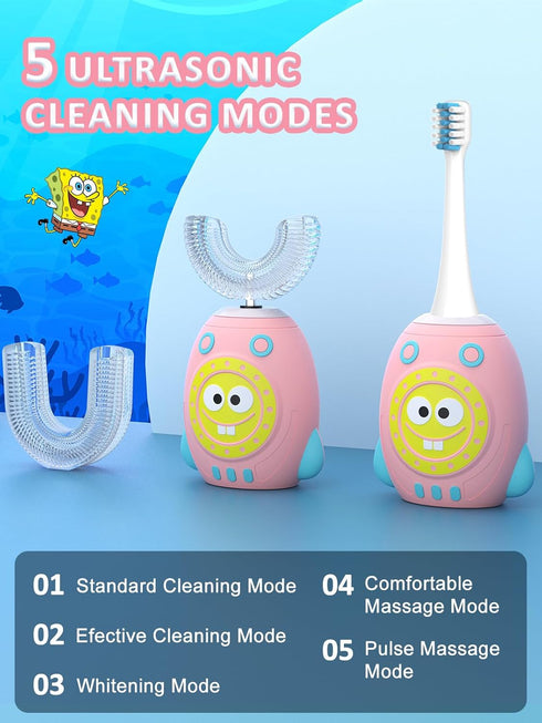 FTOYIN Kids U Shaped Electric Toothbrush, Kids Electric Toothbrushes with 5 Modes, Sonic Toothbrush Kids IPX7 Waterpoof with 3 Brush Heads, 360° A...