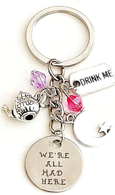 We're All Mad Here Silver Charm Keychain Accessories Cheshire Cat Alice in Wonderland Gift for a Free Spirit | Merchandise for Women...