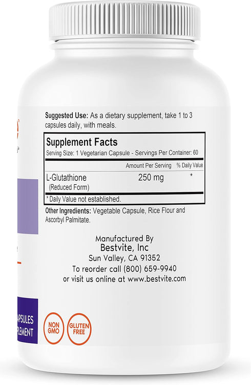 BESTVITE L-Glutathione 250mg (60 Vegetarian Capsules) - No Stearates - Vegan - Non GMO - Gluten Free...