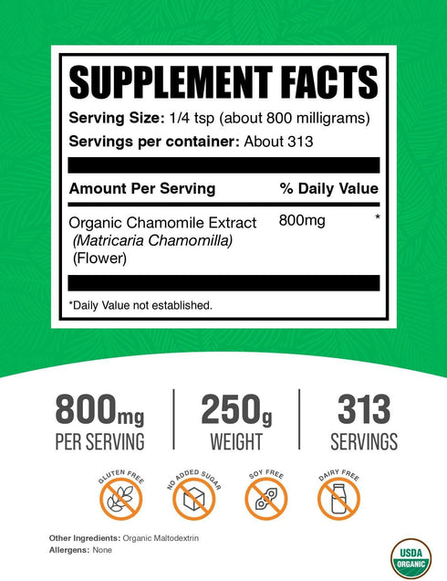 BulkSupplements.com Organic Chamomile Extract Powder - Herbal Supplement, Sourced from Chamomile Flowers - Vegan & Gluten Free, 800mg per Serving,...