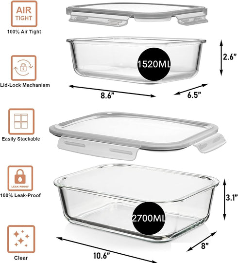 Razab 4 Pc (2700ML/ 91 Oz & 1520ML/ 51 Oz) Airtight Large Glass Food Storage Containers with Lids - BPA Free, Leak Proof Meal Prep Containers (2 C...
